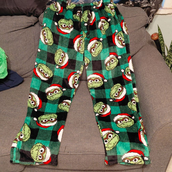 Mens Sesame Street Oscar the Grouch Christmas Pajama Pants S Green Black - Picture 1 of 3